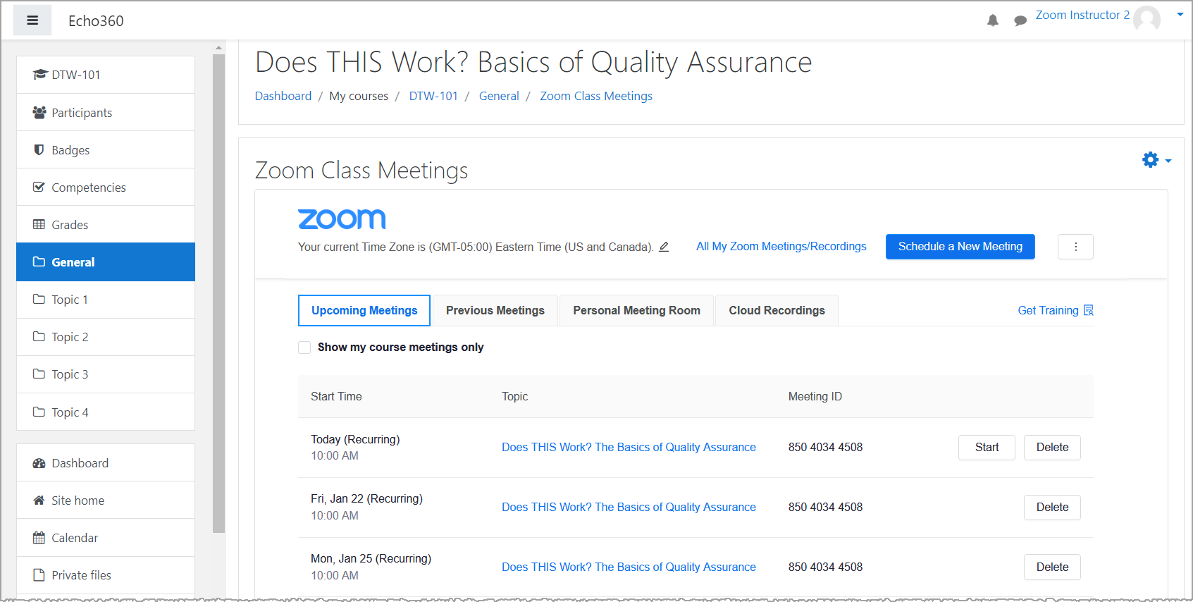 Zoom course meeting list in Moodle with new course meetings shown as described