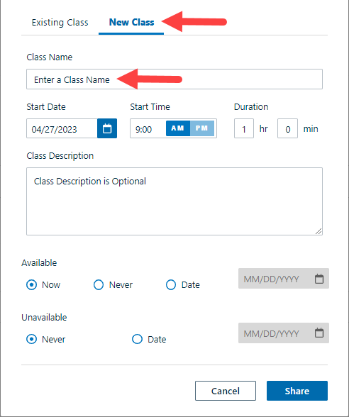 Share to class modal with new class selected and class details entered as described