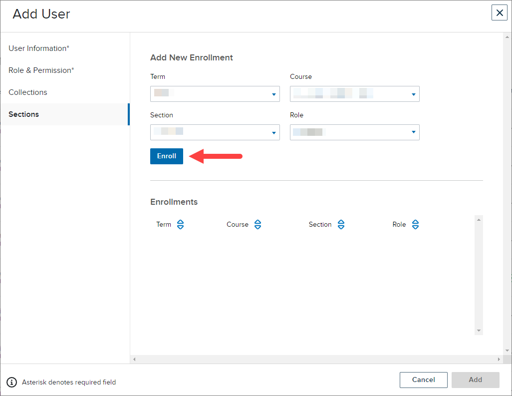 Add users modal showing enrollment options for steps as described