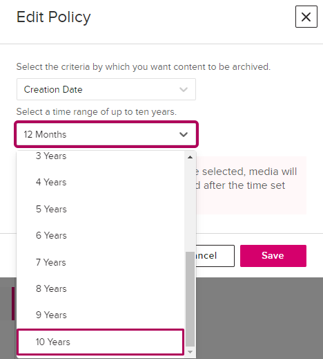 Edit Policy window with Creation Date drop-down options as described