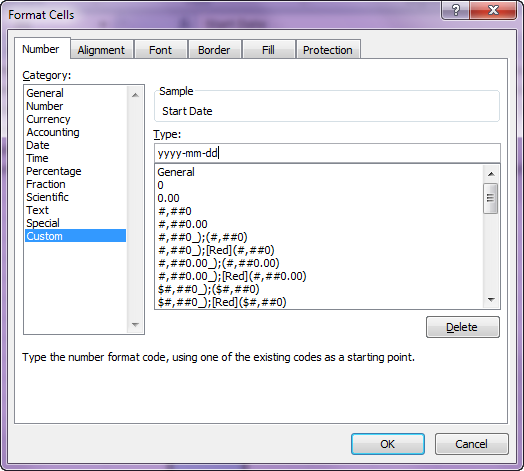 format cells dialog box with custom option selected and new date format entered in Type field as described
