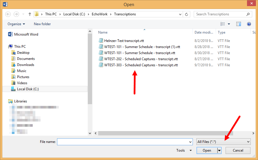 Open file dialog box from Microsoft word with All files selected for files of type and vtt files listed as described