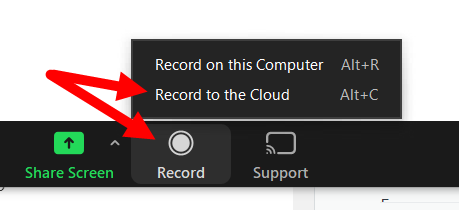 Zoom app recording options with Record to the Cloud identified