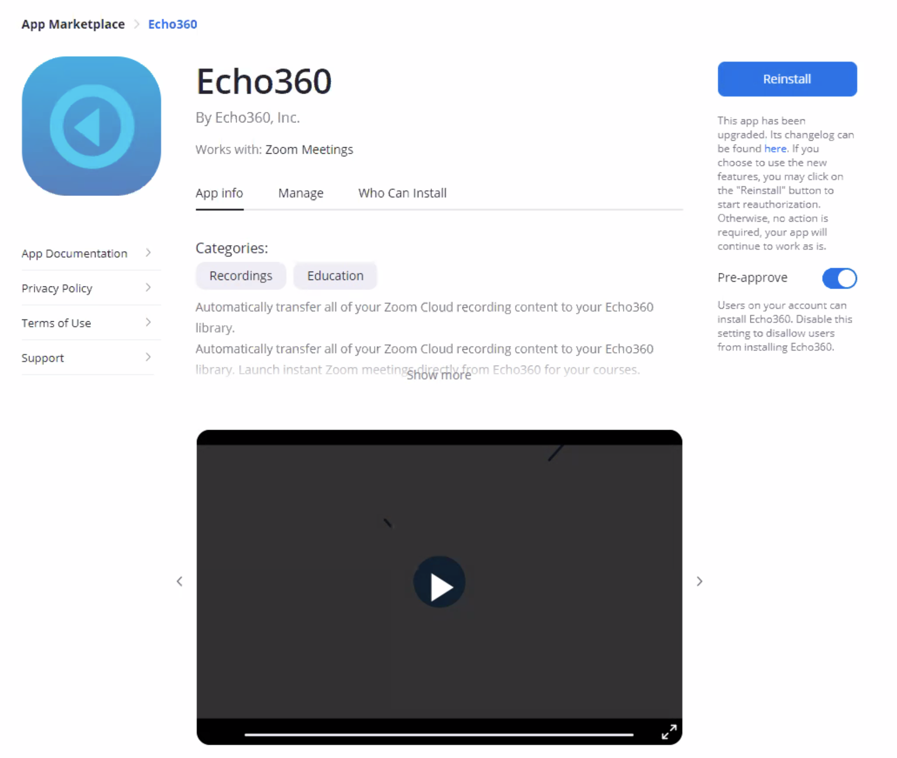 Echo360 app in Zoom account with reinstall button as described