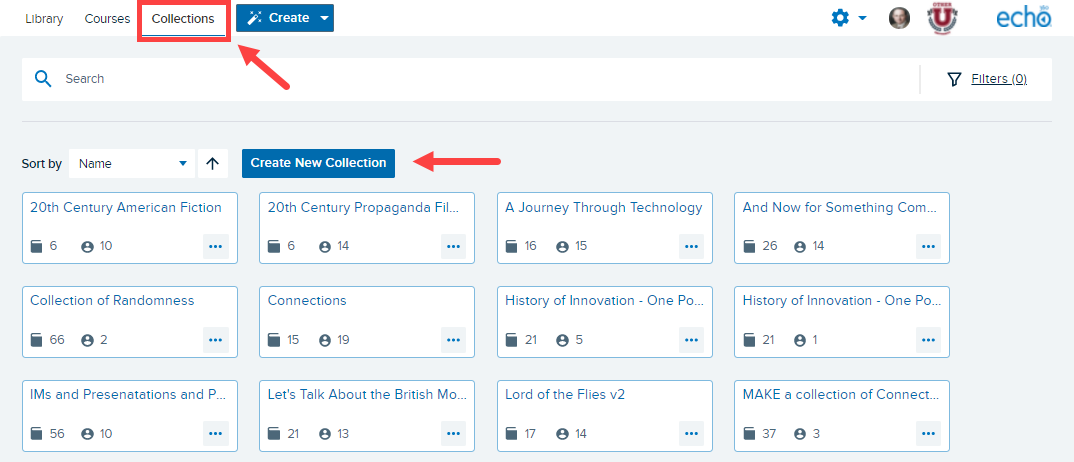 Collections page with collections selection in main menu and Create new collection button identified for steps as described
