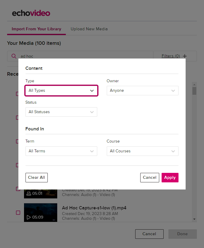Filter media modal with filtering selection lists provided as described